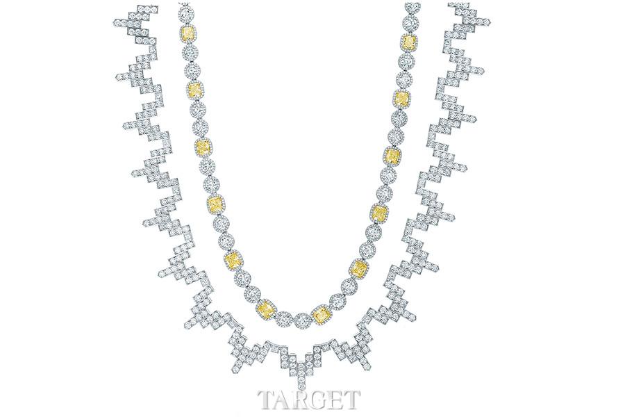 自外向内：Tiffany & Co.蒂芙尼 2015秋季全新高级珠宝系列铂金镶钻项链，铂金镶嵌黄钻和白钻项链。