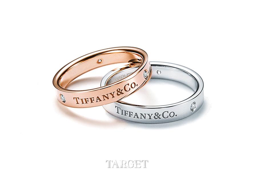 Tiffany & Co.蒂芙尼对戒，铂金和18k玫瑰金镶钻。