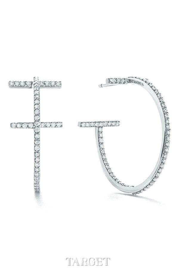 Tiffany & Co.蒂芙尼T系列18K白金镶钻耳环。