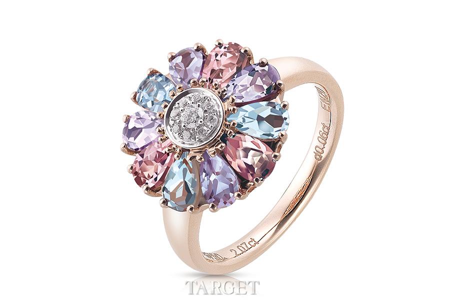 18K玫瑰金粉紅碧玺紫晶托帕石及钻石戒指。