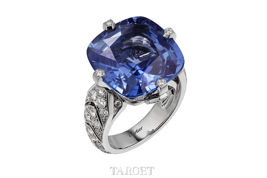 Cartier Magicien系列高级珠宝Incantation戒指 铂金，1颗枕形斯里兰卡蓝宝石，重22.84克拉，圆形明亮式切割钻石。蓝宝石可置于项链上佩戴。
