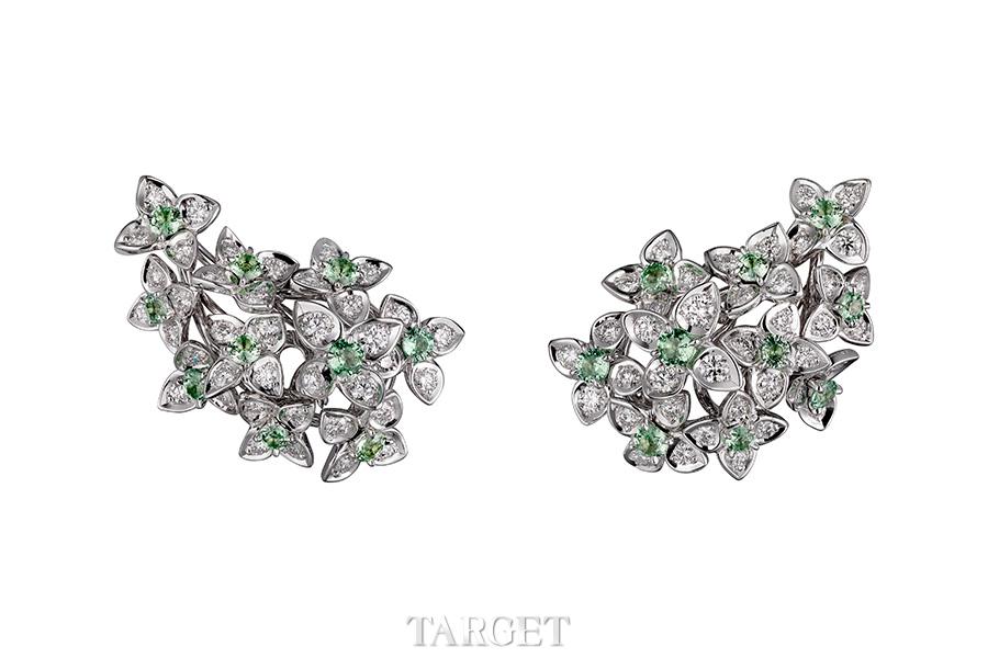 Cartier Magicien系列高级珠宝Mandragore耳环　18K白金，沙弗莱石榴石，圆形明亮式切割钻石。